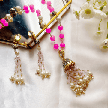 Pearl Long Necklace Set for women (Pink) - Kiasha