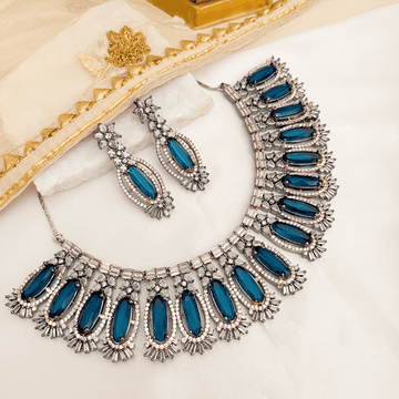 Celebrity-Inspired Victorian Plated Necklace with Premium Midnight Blue Glass Stone and CZ Accents - Kiasha