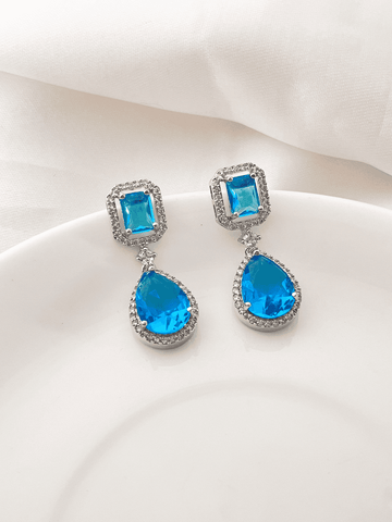 Kiasha's Premium Celebrity Look Earrings: Rhodium and Sky-Blue Brilliance