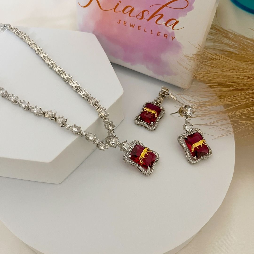 Kiasha Elegant Wine Red CZ Pendant Set - Kiasha 