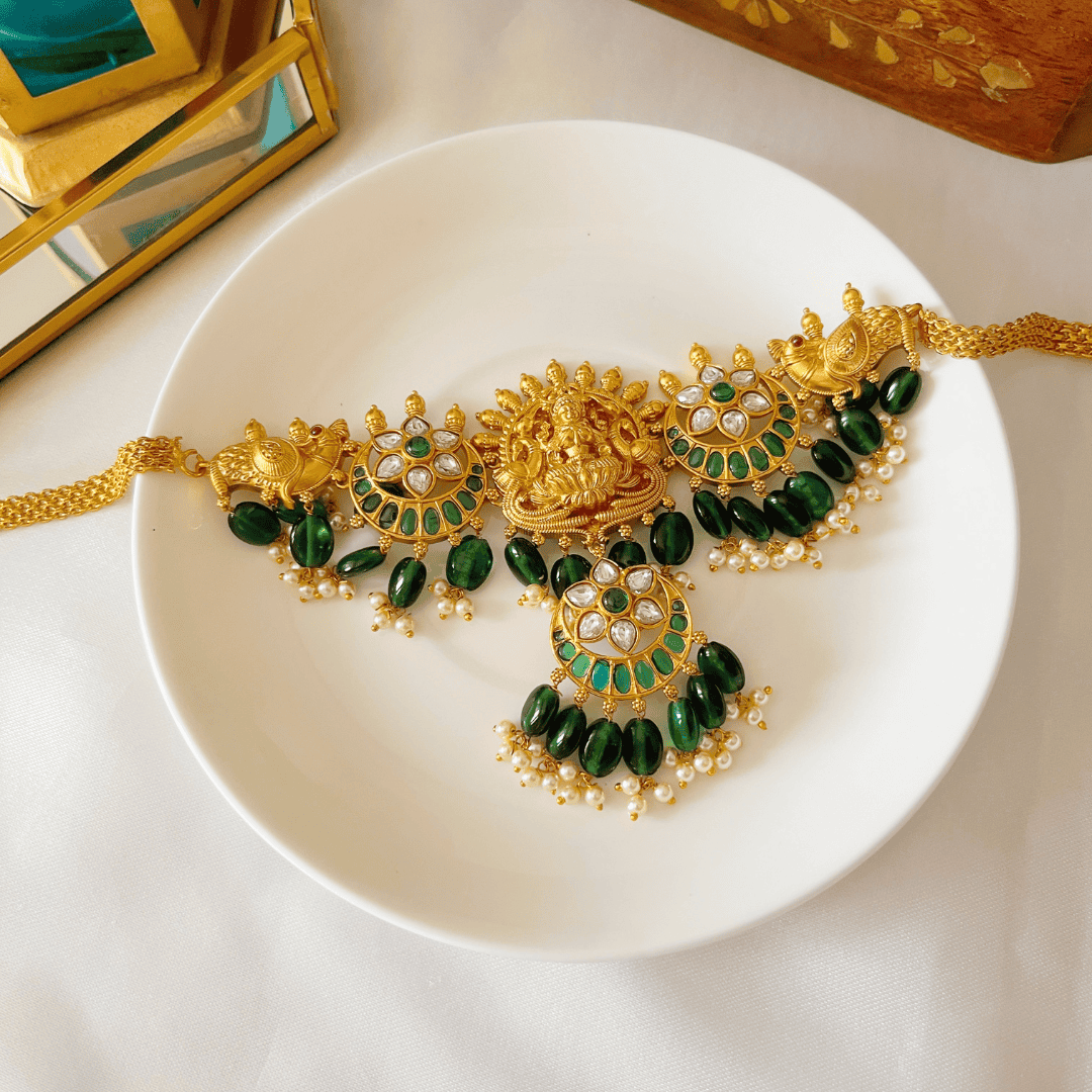 Handmade Temple Choker Necklace with Goddess Lakshmi Engraved - Kiasha 