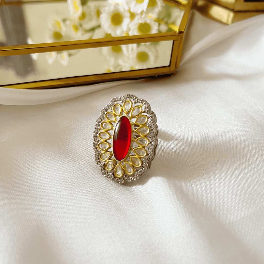 Red Stone and Tayni Kundan Cocktail Ring for Women - Kiasha 