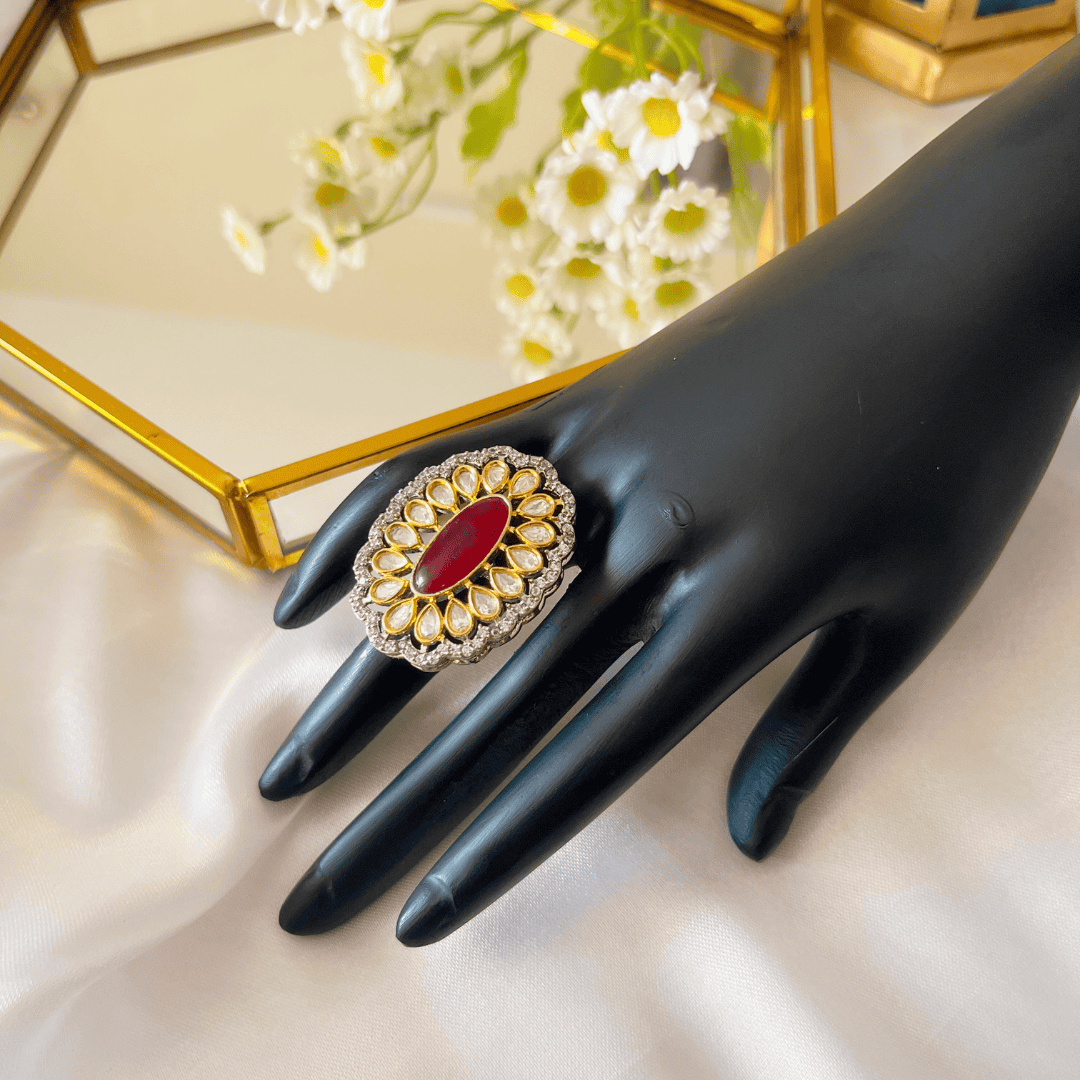 Red Stone and Tayni Kundan Cocktail Ring for Women - Kiasha 