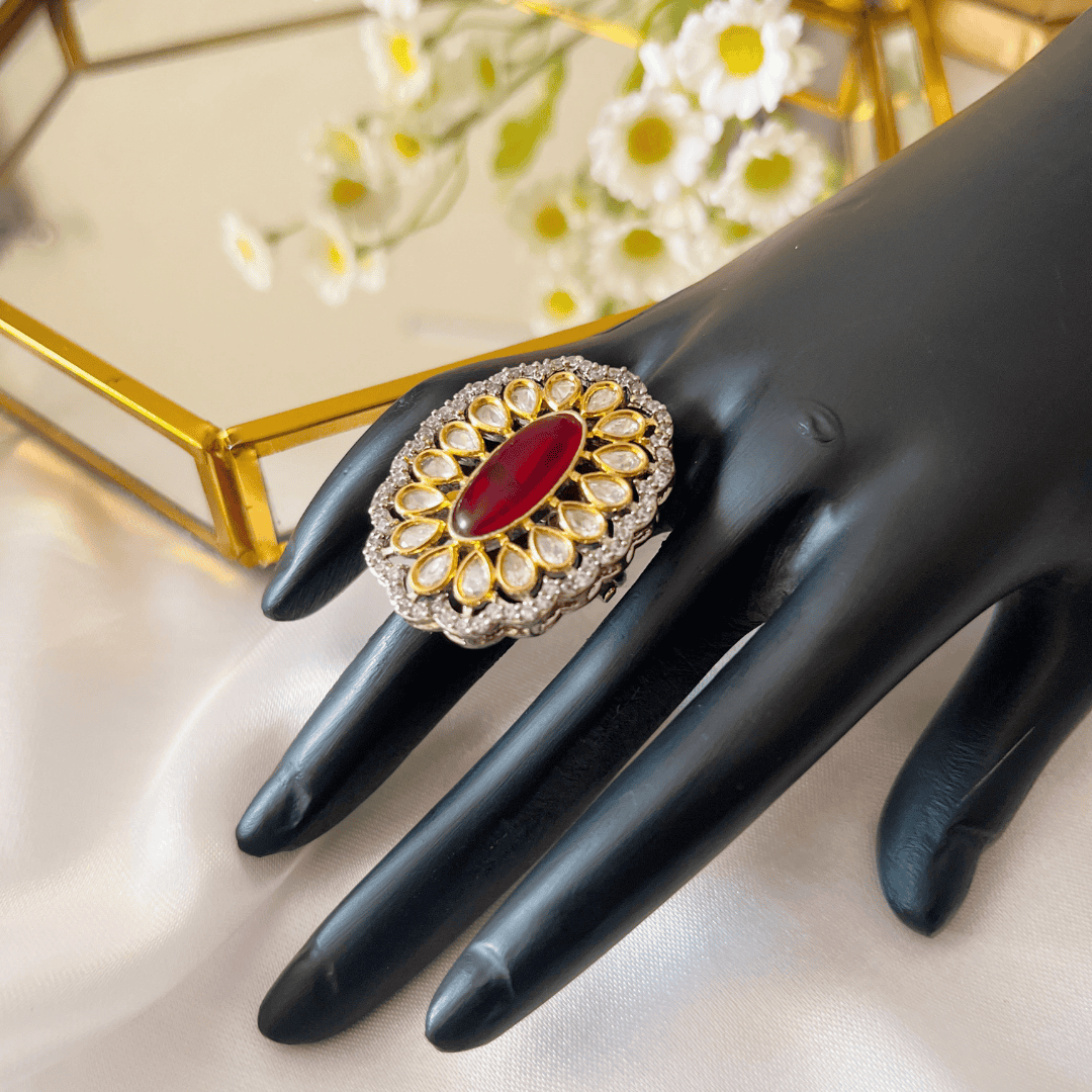 Red Stone and Tayni Kundan Cocktail Ring for Women - Kiasha 