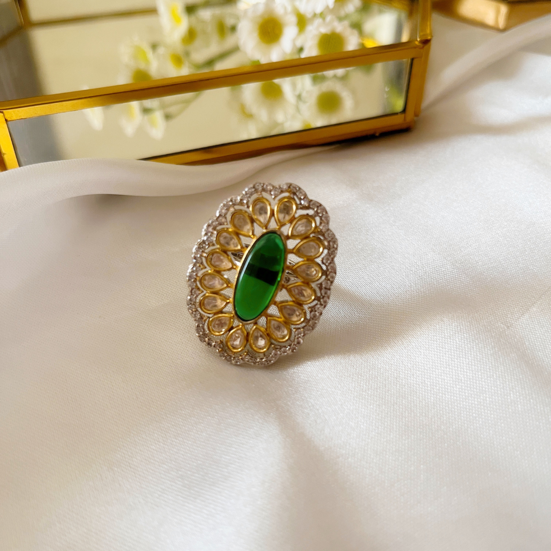 Emerald Green Stone and Tayni Kundan Cocktail Ring for Women - Kiasha 