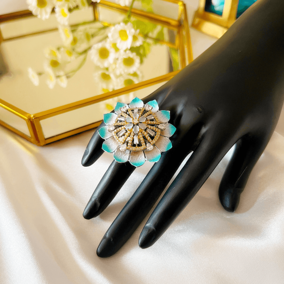 Flower Shape Ring With Gold plated brass with American Diamond - Kiasha 