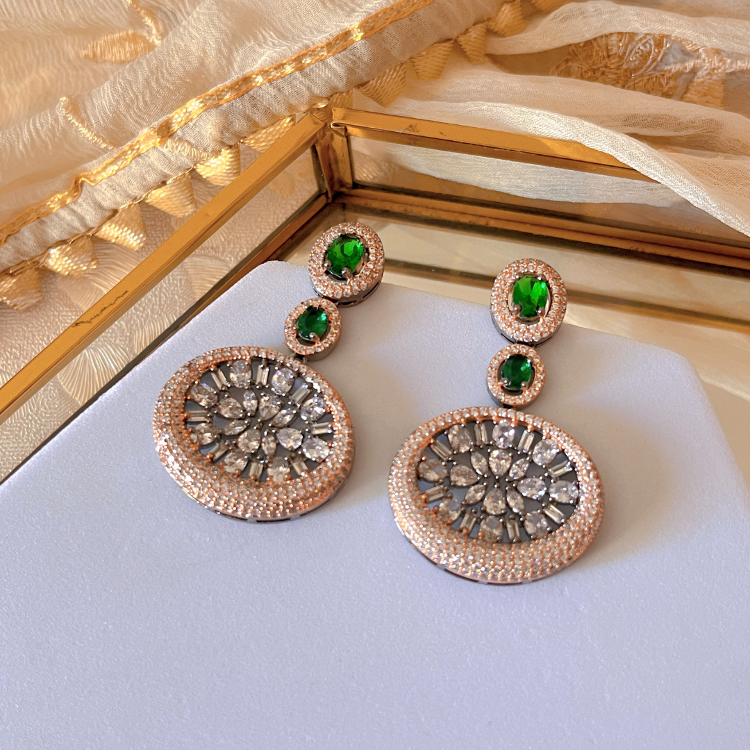 Victorian Plated Cz and Emerald Green stone Earrings