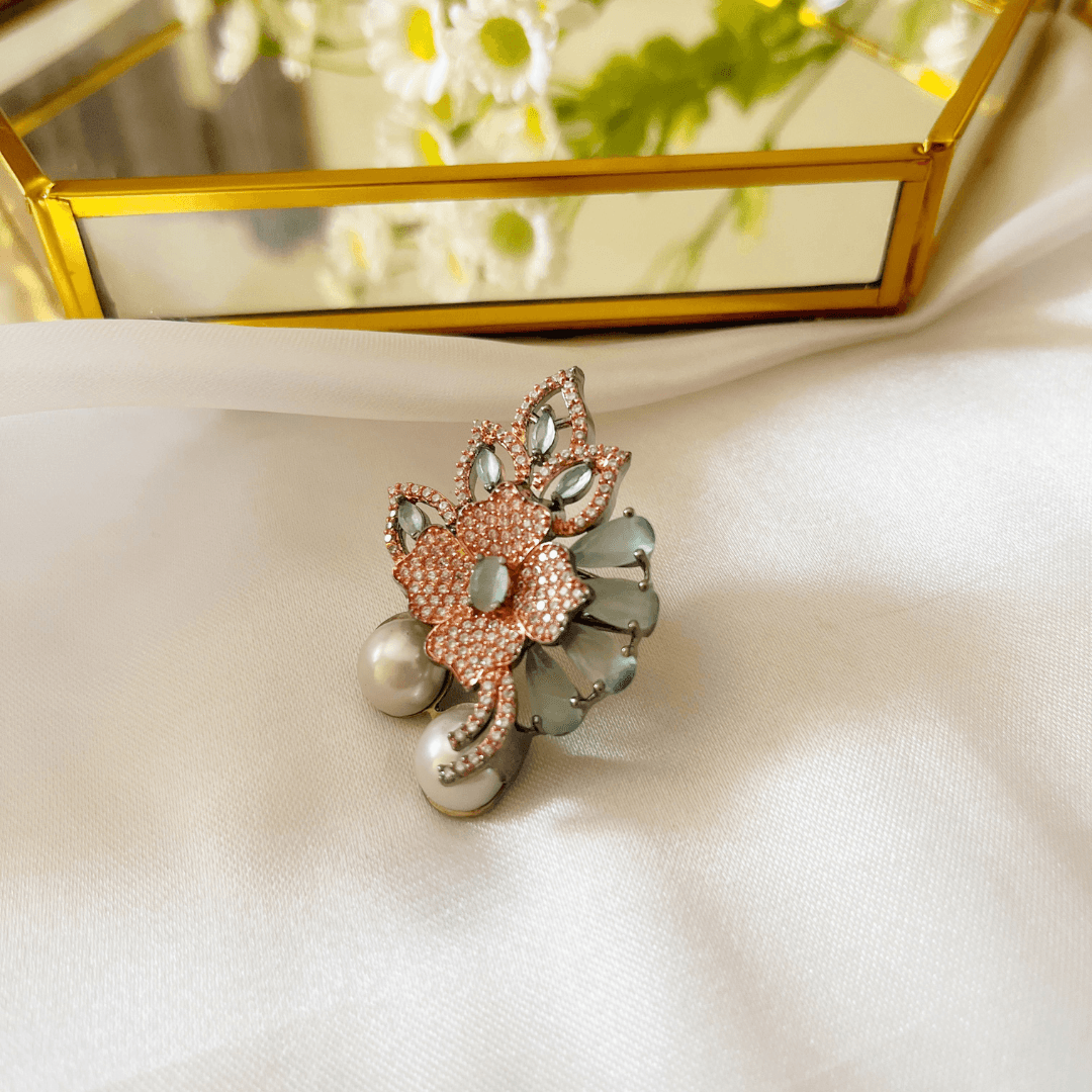 Victorian Plated and American Diamond Adjustable Cocktail Ring - Kiasha 