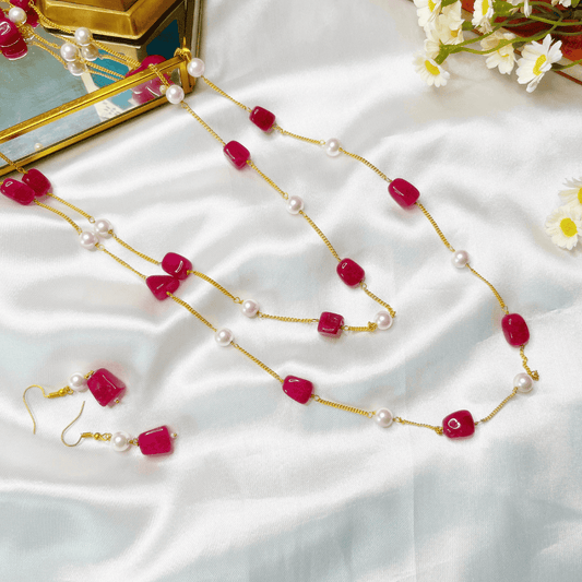 22K Gold Plated Long Necklace with Premium Pearls and Stones - Kiasha 