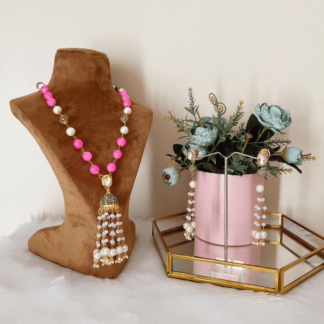 Pearl Long Necklace Set for women (Pink) - Kiasha 
