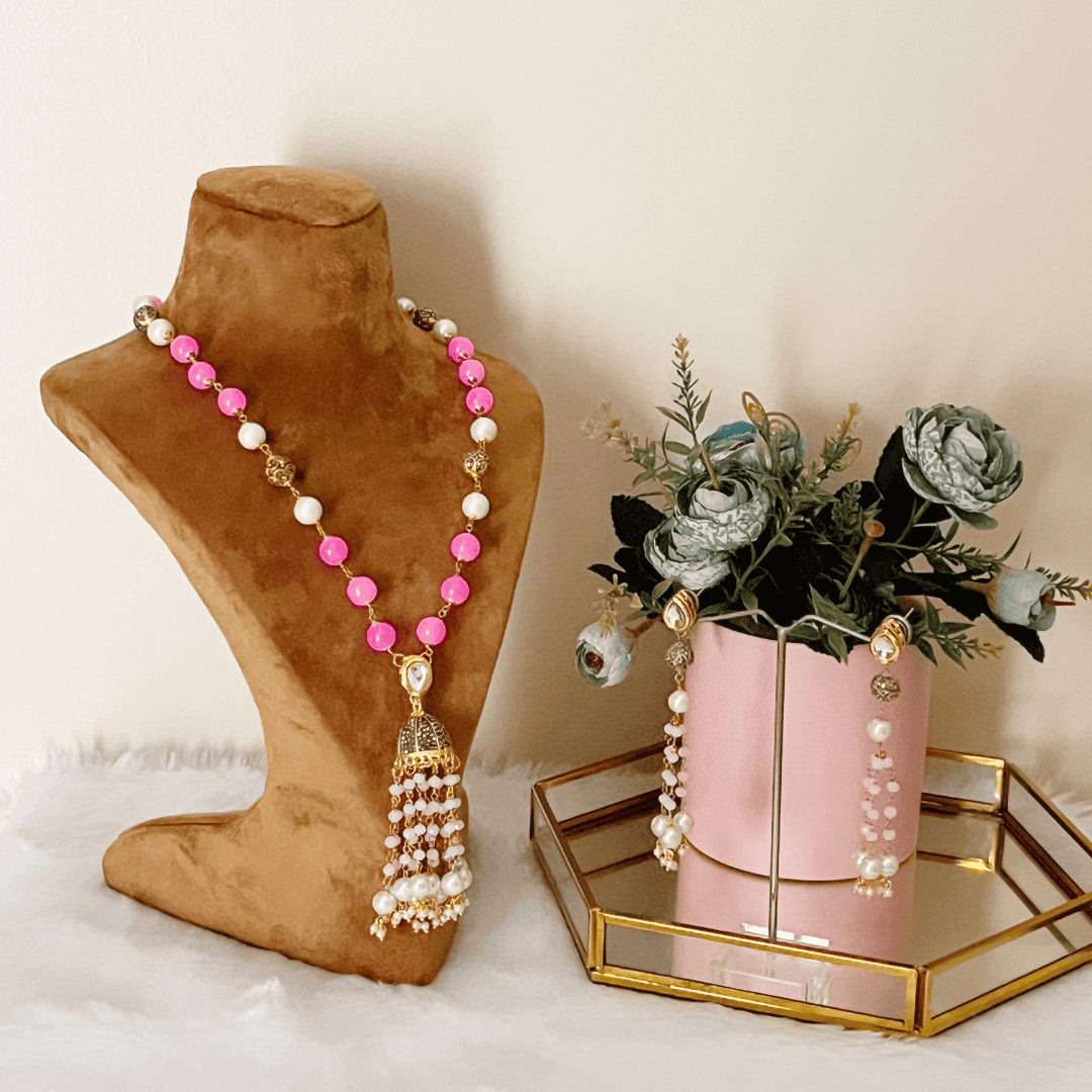Pearl Long Necklace Set for women (Pink) - Kiasha 