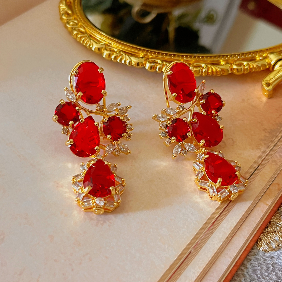 Small Gold plated red colour earring for women