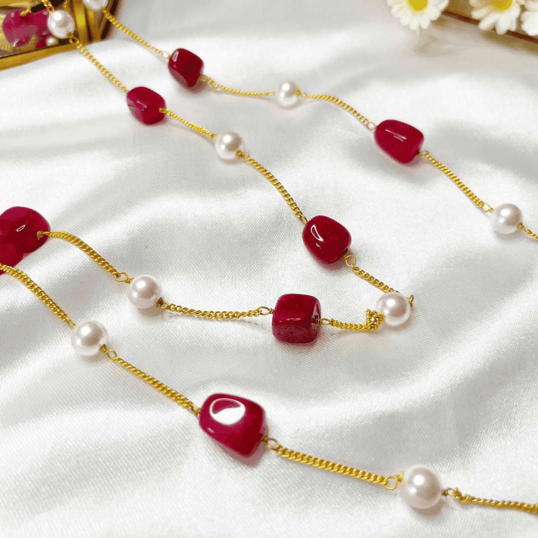22K Gold Plated Long Necklace with Premium Pearls and Stones - Kiasha 