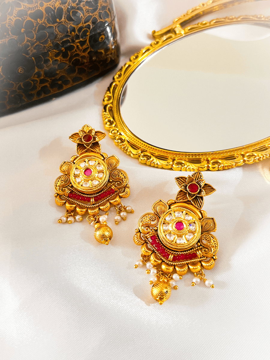 Long Temple  Necklace With Tayani Kundan and Kemp Stone for Weddings and Festivals