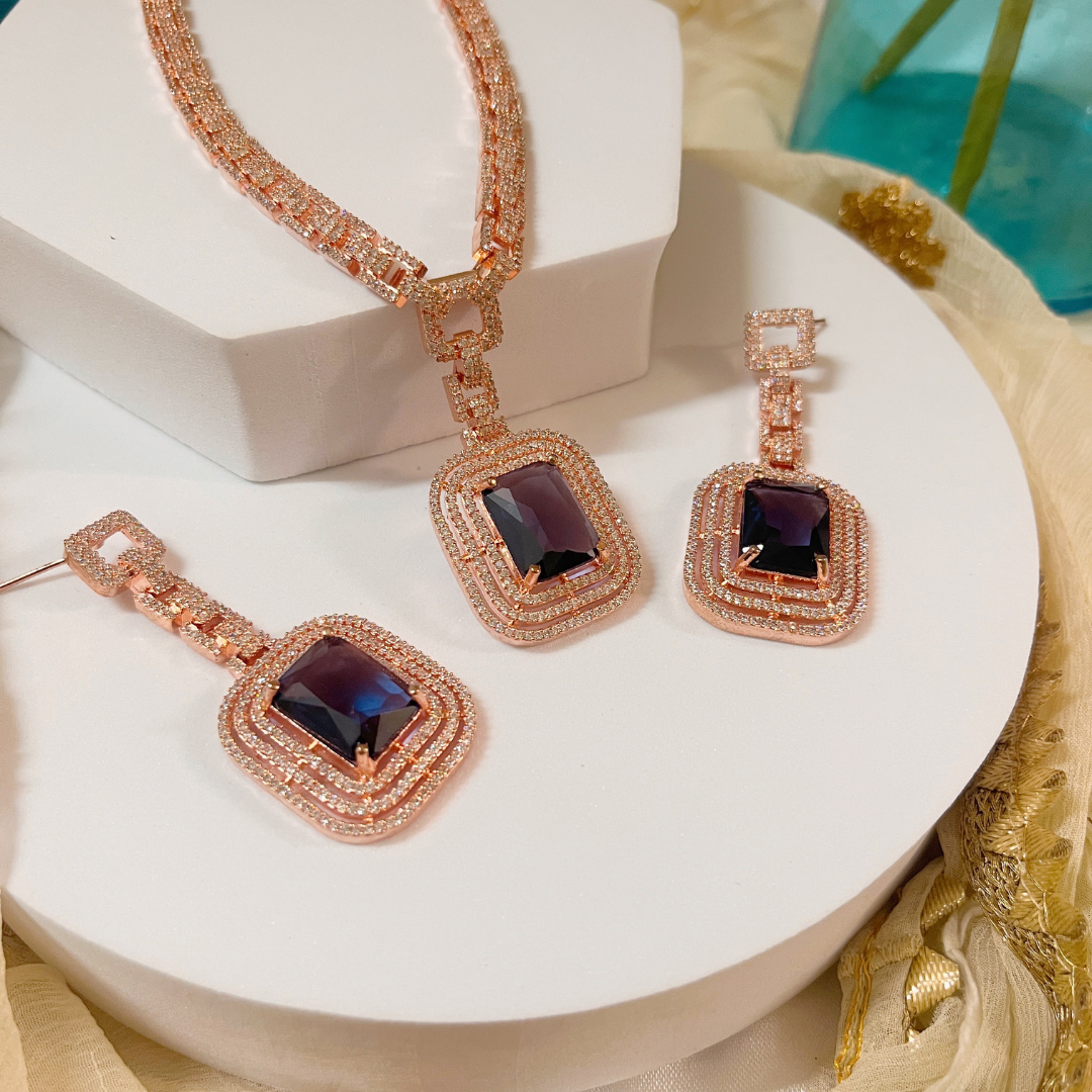 Rose gold plated celebrity style American diamond necklace set for (purple) - Kiasha 