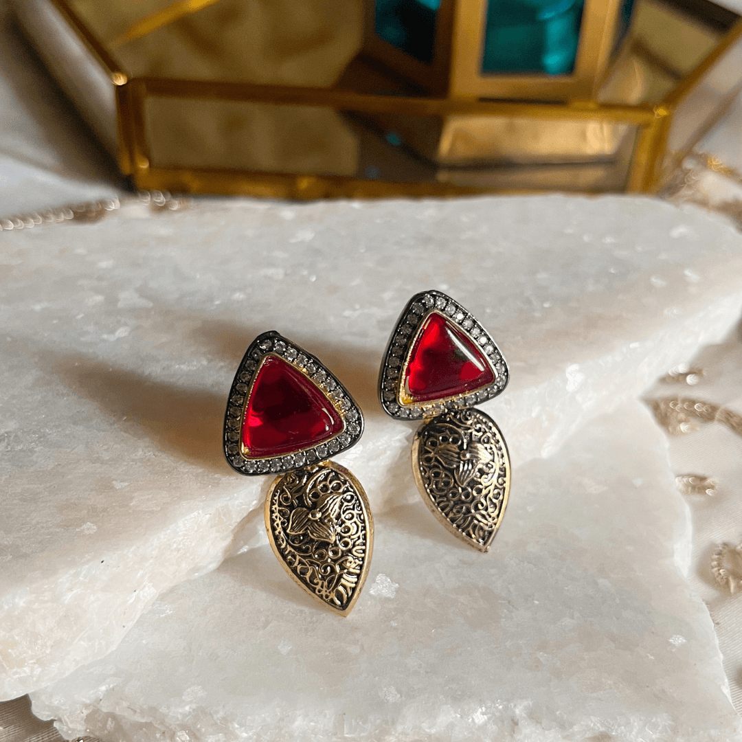 Celebrity-Inspired Silver Plated Stud Earrings with Semiprecious Stone & 18K Gold Accent - Kiasha 