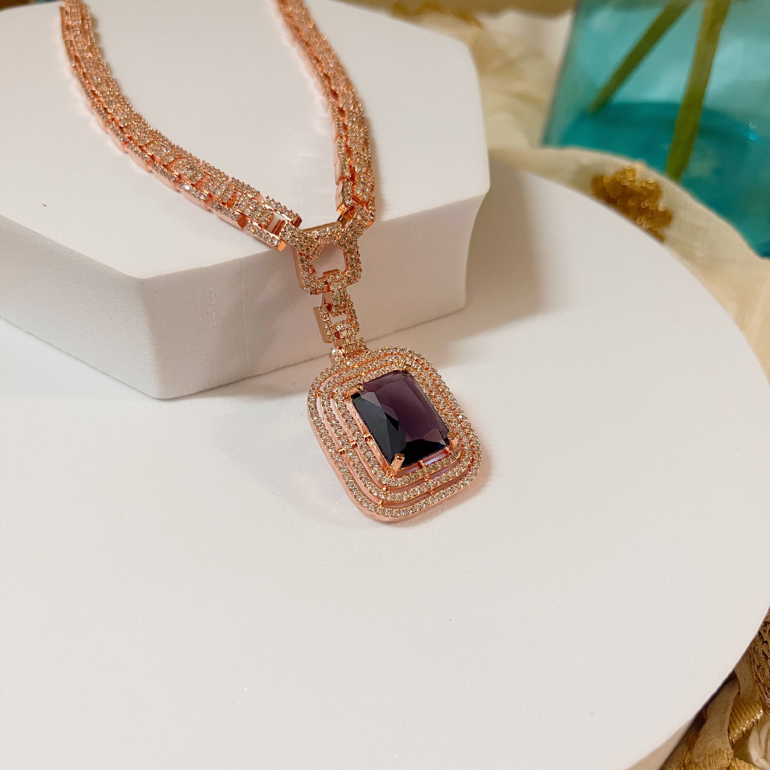 Rose gold plated celebrity style American diamond necklace set for (purple) - Kiasha 