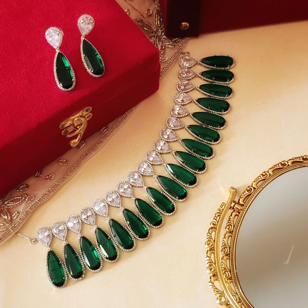 Celebrity-Inspired Necklace with Premium Emerald Green Glass stone  and CZ Stones