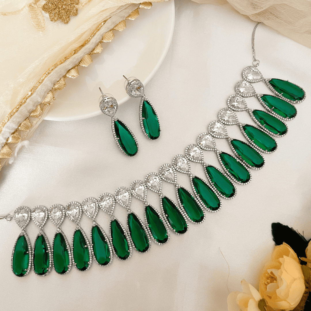 Celebrity-Inspired Necklace with Premium Emerald Green Glass stone and CZ Stones - Kiasha 