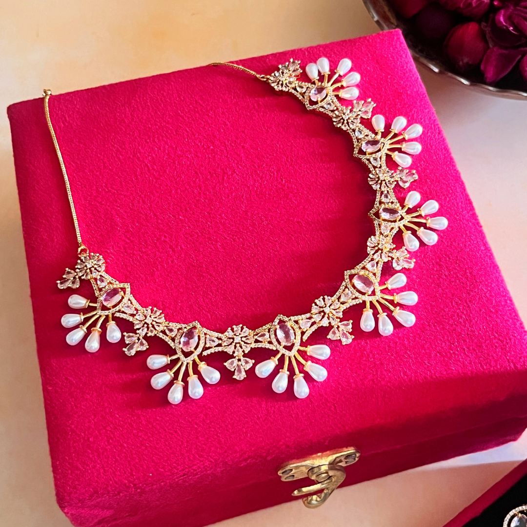 Luxurious 22K Gold Plated  Necklace with Premium Pearls and Stones