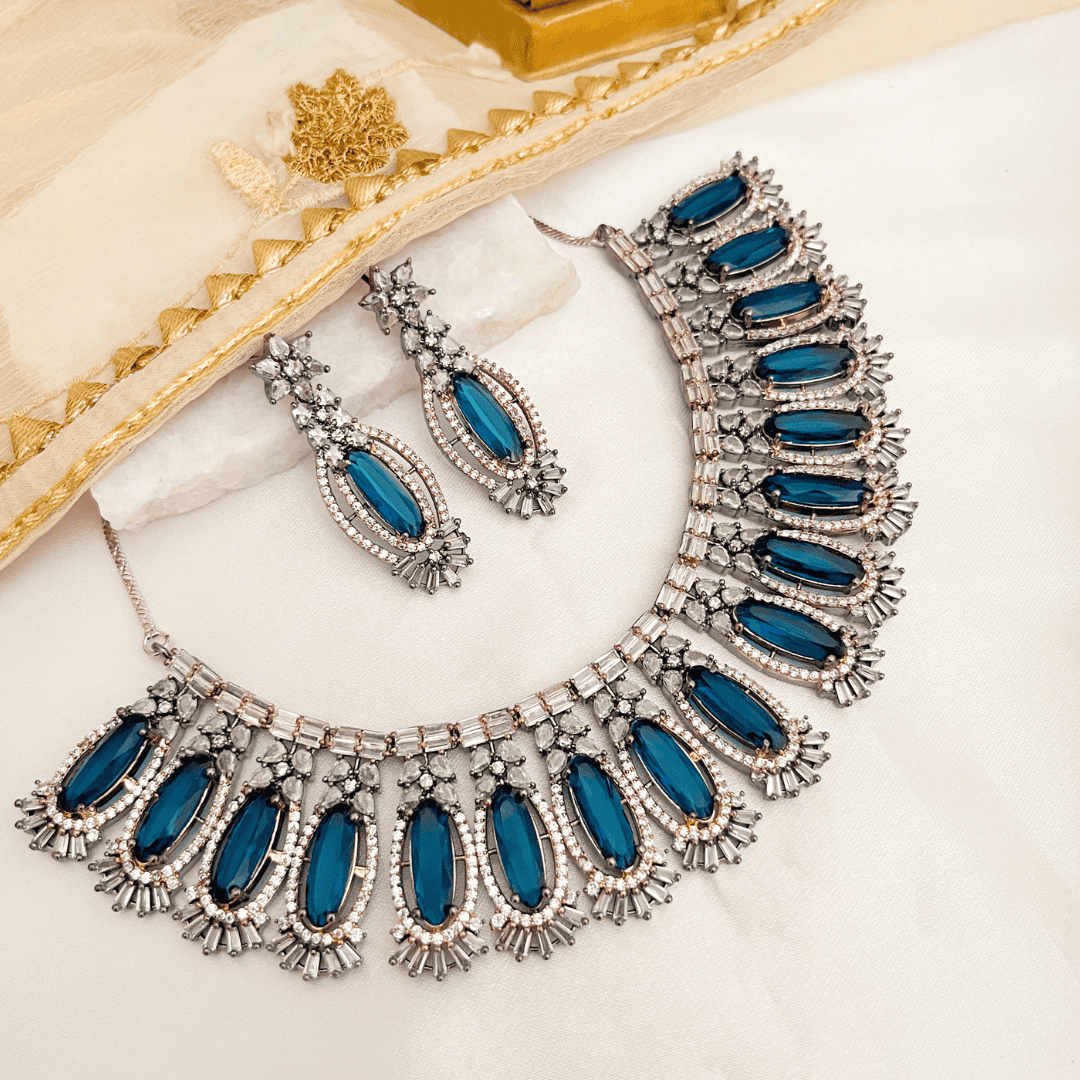 Celebrity-Inspired Victorian Plated Necklace with Premium Midnight Blue Glass Stone and CZ Accents - Kiasha 