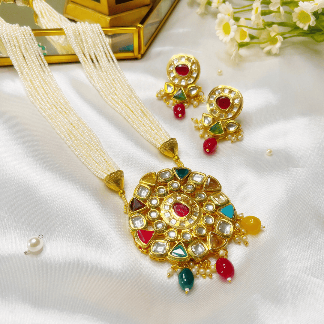 Luxurious 22K Gold Plated Long Necklace with Premium Pearls and Navratan Stones - Kiasha 