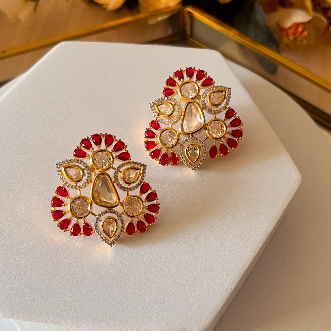 Elegant Sabhyasanchi Inspired Earrings with Gold Plating, CZ, and Polki
