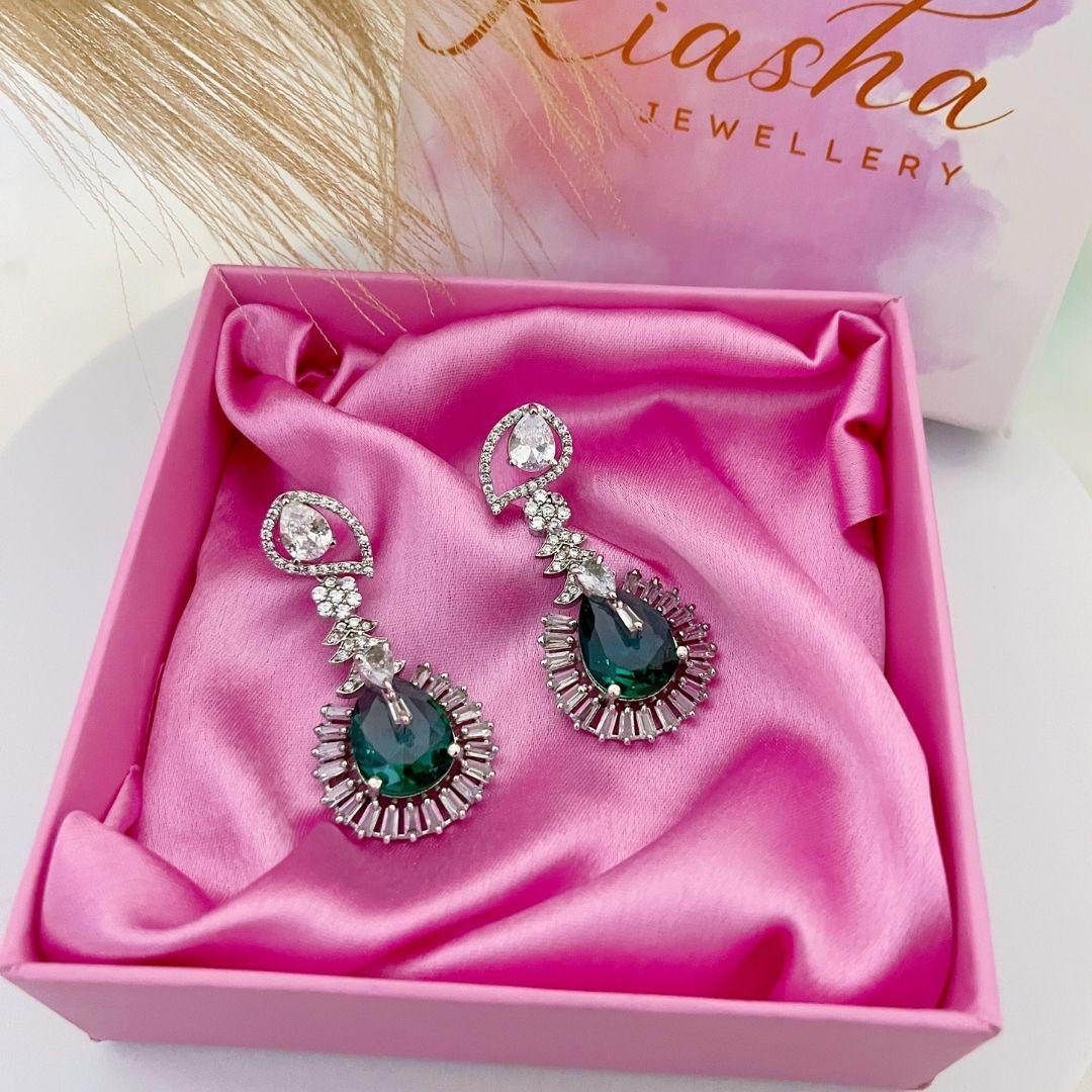 Timeless Elegance: Rhodium Plated Long Earrings with Captivating Glass Stones - Kiasha 