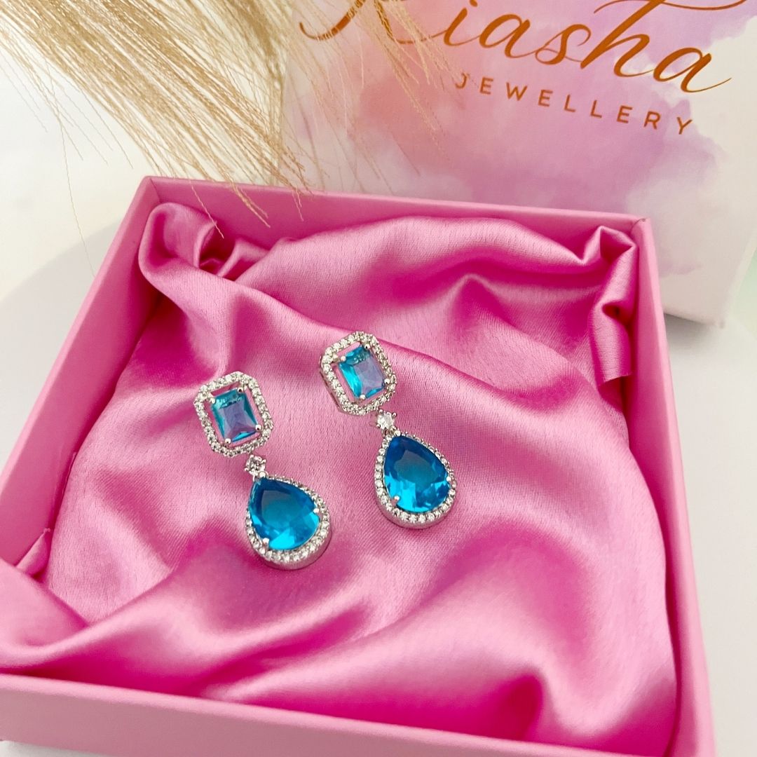 Kiasha's Premium Celebrity Look Earrings: Rhodium and Sky-Blue Brilliance - Kiasha 