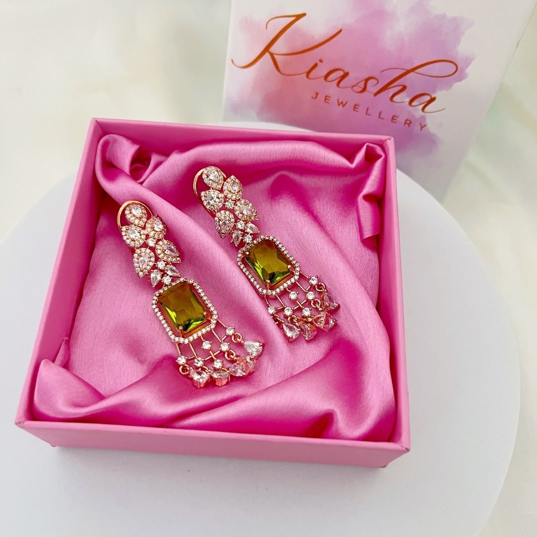 Premium Rose Gold CZ Earrings with Glass Stone and Backclip for support - Kiasha 