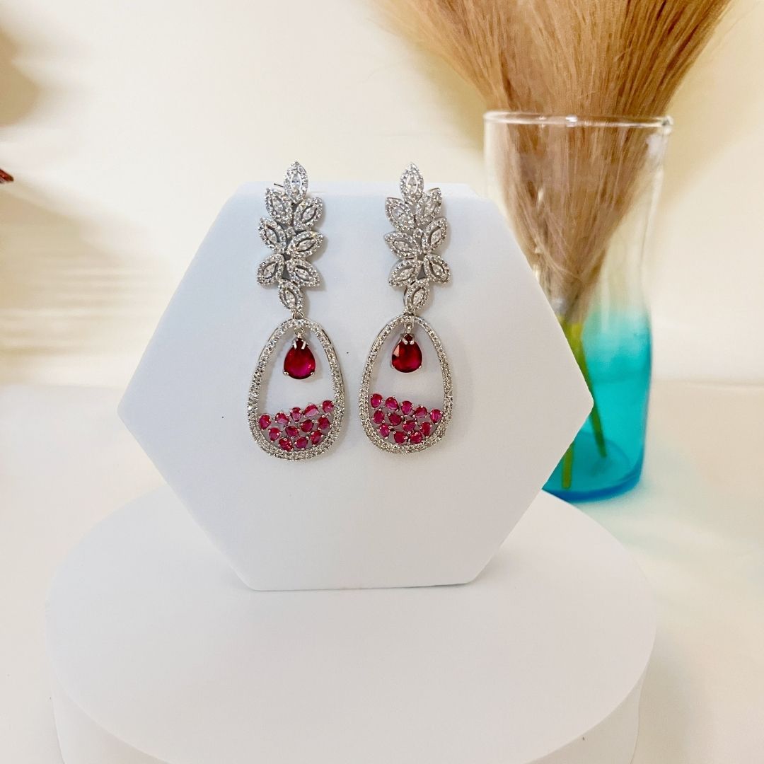 Rhodium Plating CZ Earrings with Wine Red Stones - Kiasha 