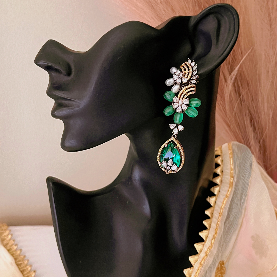 Celebrity Inspired Long Earring With Cz And Glass Stone