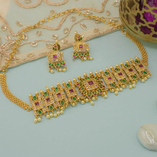 Kemp Stone Studded Temple Choker Necklace for Festive Occasions - Kiasha 