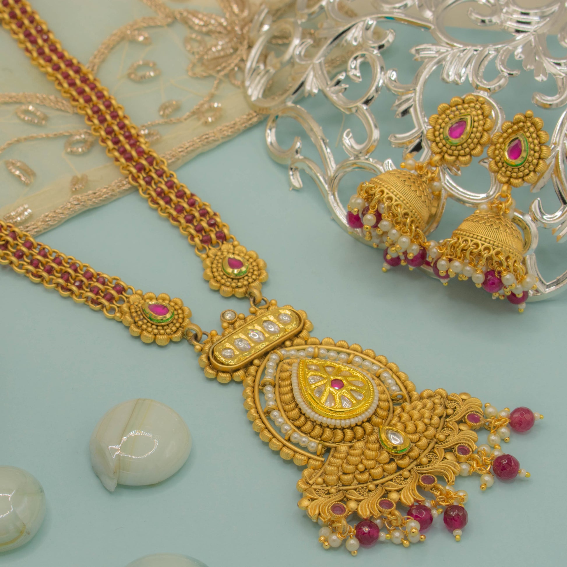 Handmade Temple Long Necklace with Kemp Stones, Tayani Kundan and Intricate Designs - Kiasha 