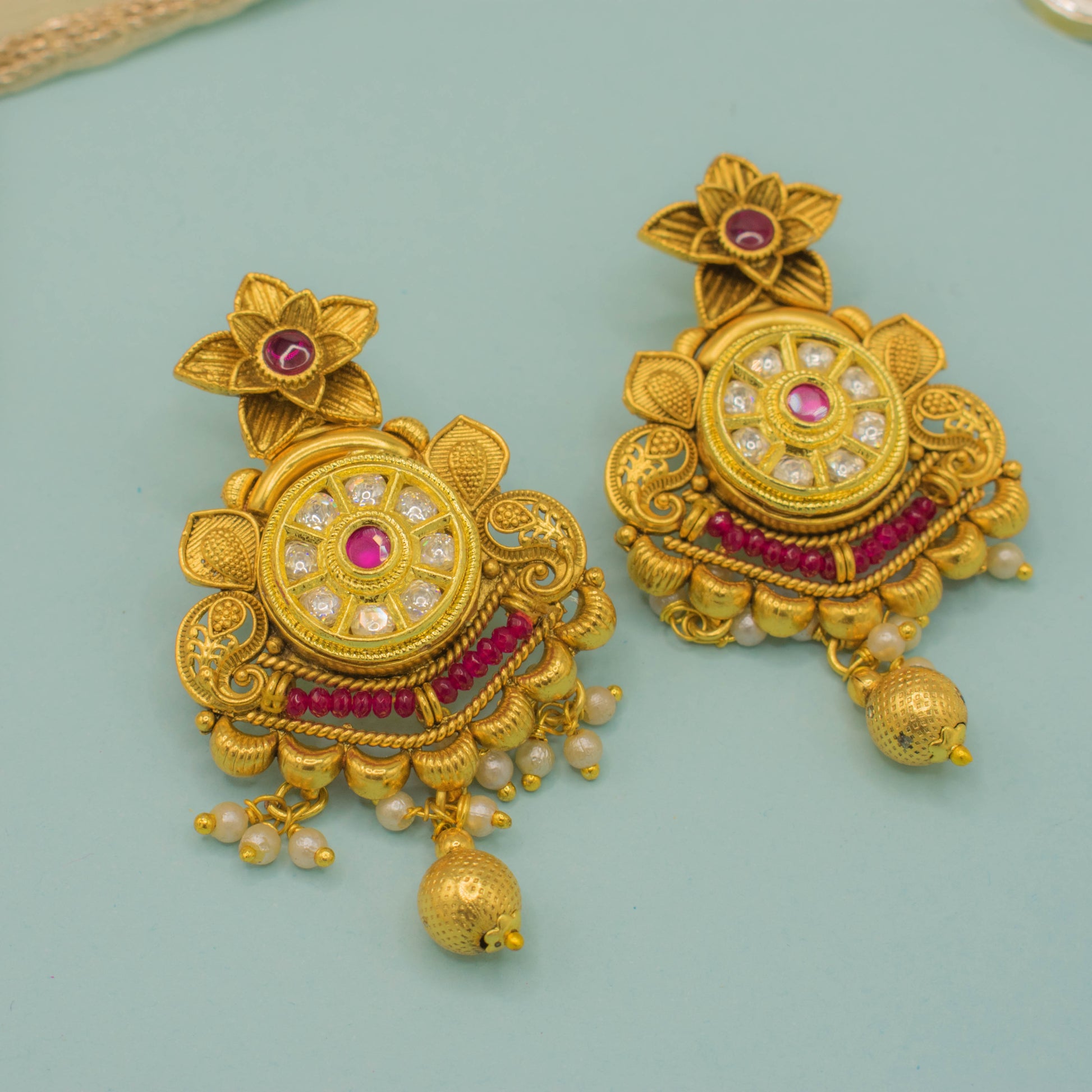 Long Temple Necklace With Tayani Kundan and Kemp Stone for Weddings and Festivals - Kiasha 