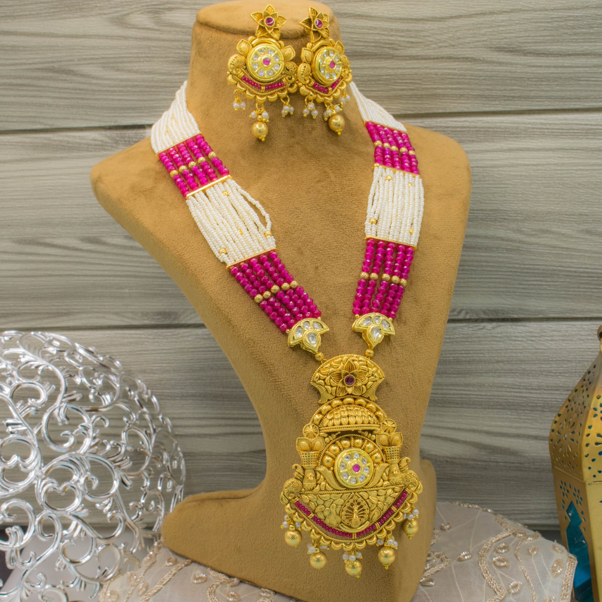 Long Temple Necklace With Tayani Kundan and Kemp Stone for Weddings and Festivals - Kiasha 