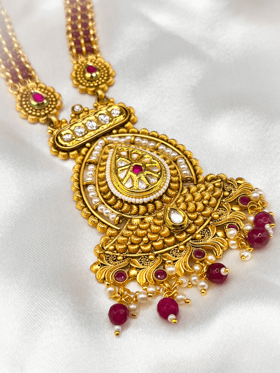 Handmade Temple Long Necklace with Kemp Stones, Tayani Kundan and Intricate Designs