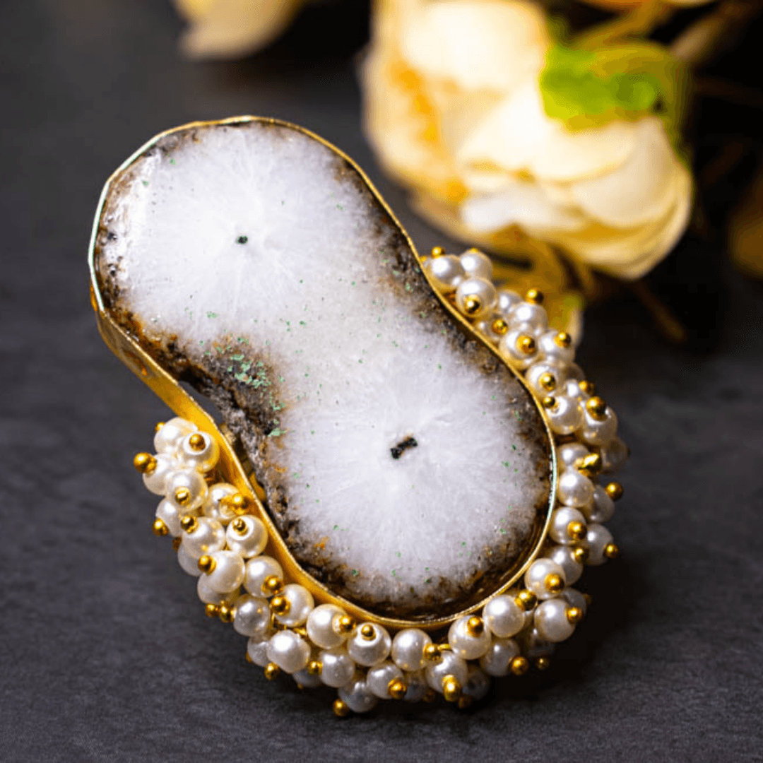 Gold plated brass with brown natural earth stone adjustable ring - Kiasha 
