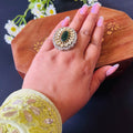 Emerald Green Stone and Tayni Kundan Cocktail Ring for Women - Kiasha 