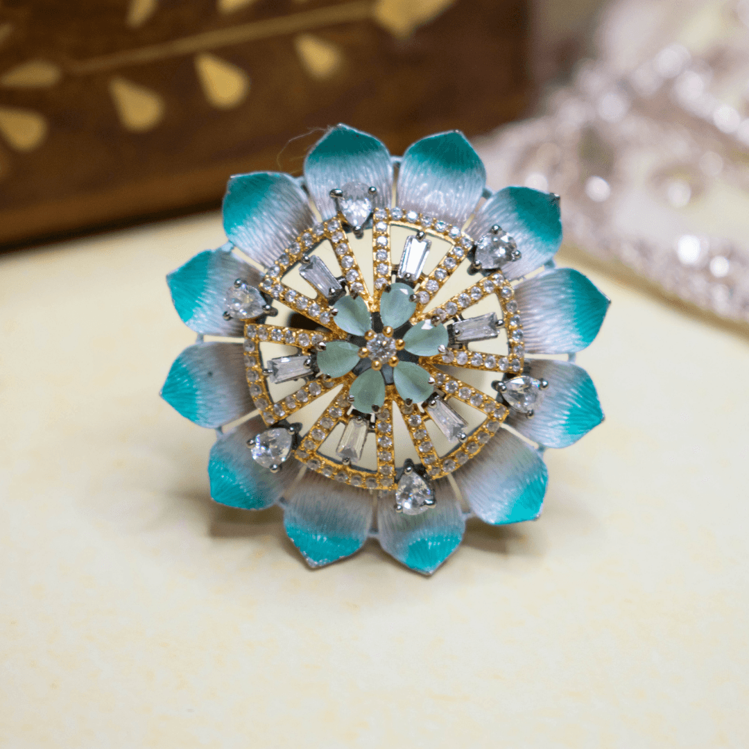 Flower Shape Ring With Gold plated brass with American Diamond - Kiasha 