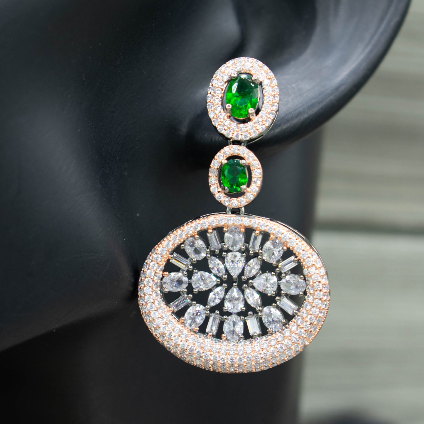 Victorian Plated Cz and Emerald Green stone Earrings - Kiasha 