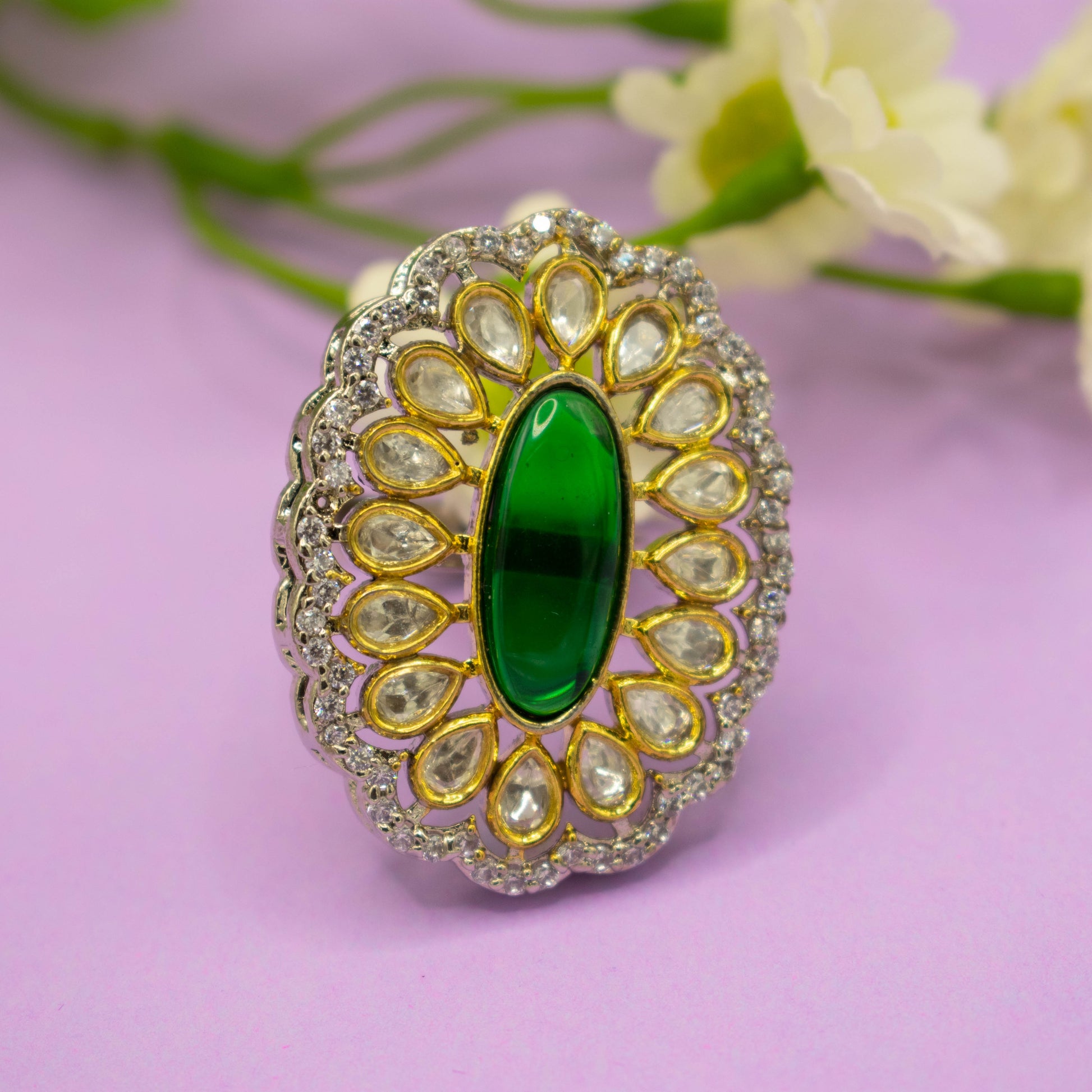 Emerald Green Stone and Tayni Kundan Cocktail Ring for Women - Kiasha 